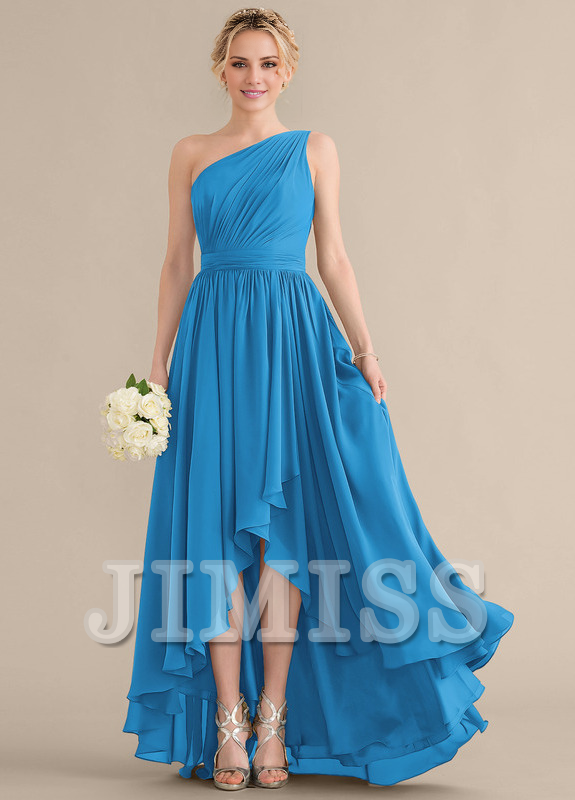 Tiered Ruffle A-Line One Shoulder Asymmetric Chiffon Bridesmaids Gown
