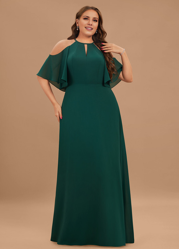 A-line off-the-shoulder scoop neck floor-length chiffon bridesmaid dress