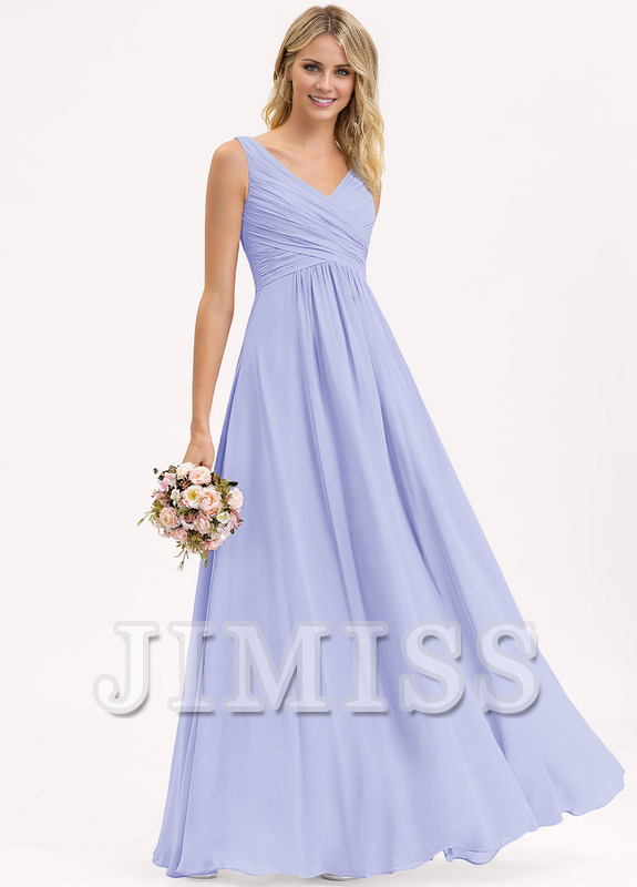 A-line V-neck floor-length chiffon pleated bridesmaid dress