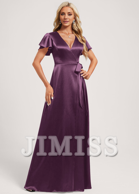 A-Line V-Neck Floor-Length Stretch Satin Bridesmaids Dress