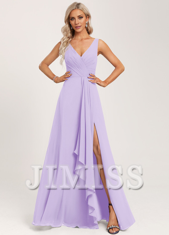 Ruffled A-line V-neck Floor-length Chiffon Bridesmaids Dress