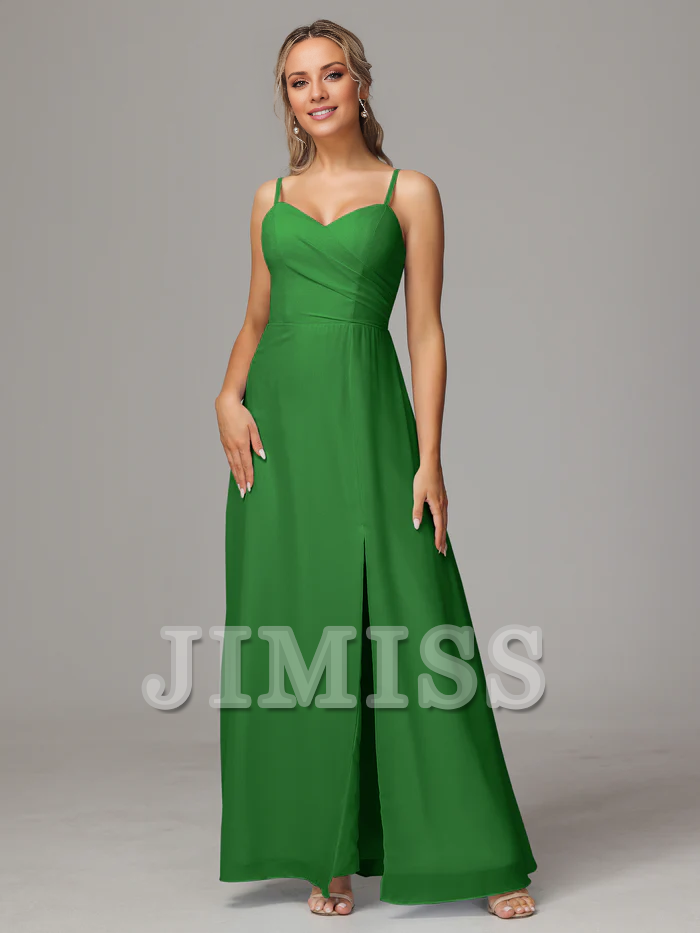 Thin shoulder strap sweetheart chiffon side slit bridesmaid dress
