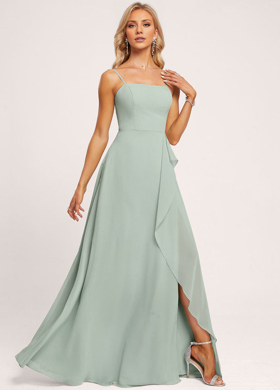 Ruffled A-Line Square Floor-Length Chiffon Bridesmaids Dress