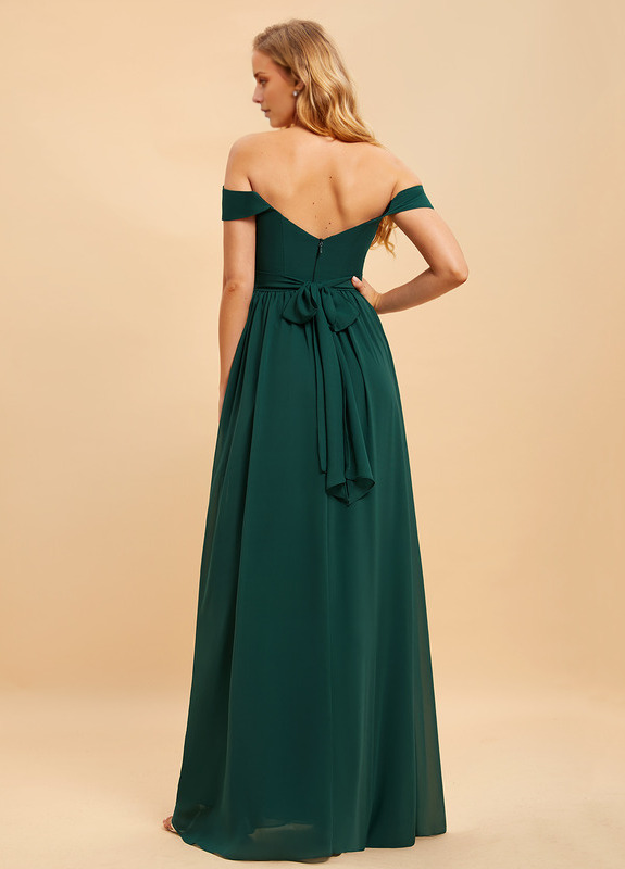A-line off-the-shoulder floor-length chiffon bridesmaid dress
