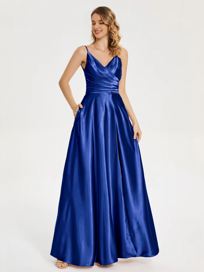 V-neck soft satin side slit bridesmaid dress