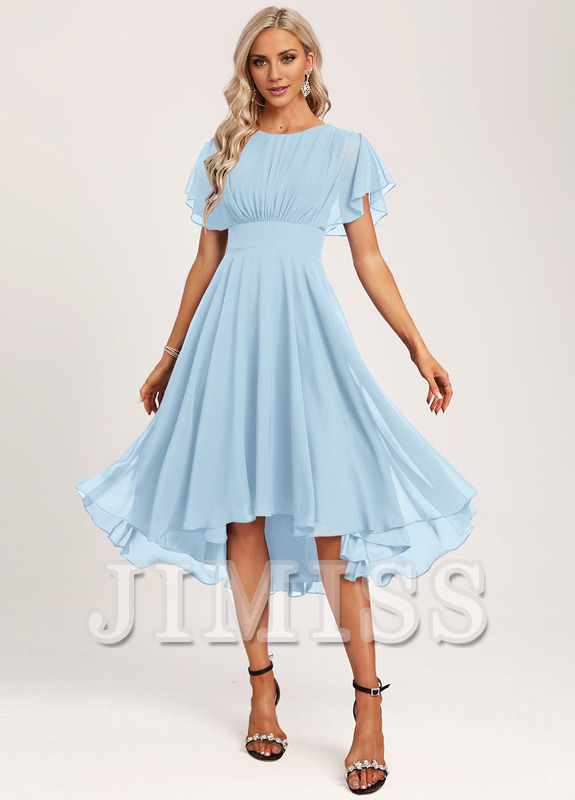 Ruffled A-line Spoon Asymmetric Chiffon Bridesmaids Dress