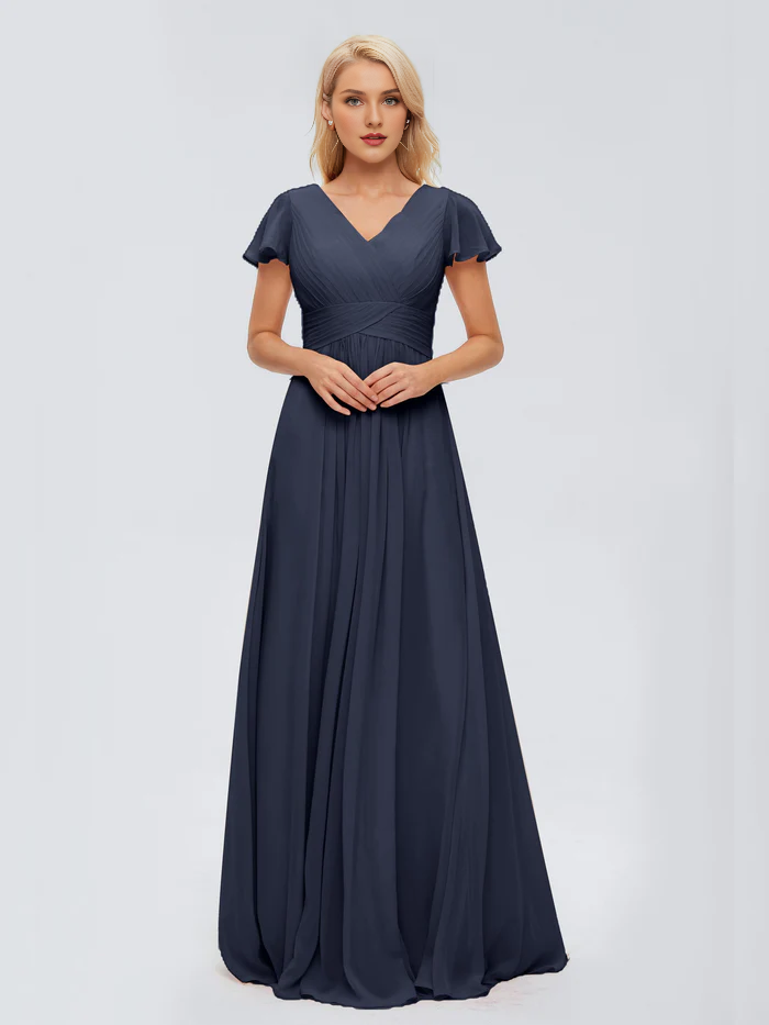 A-line V-neck chiffon and floor length bridesmaid dress