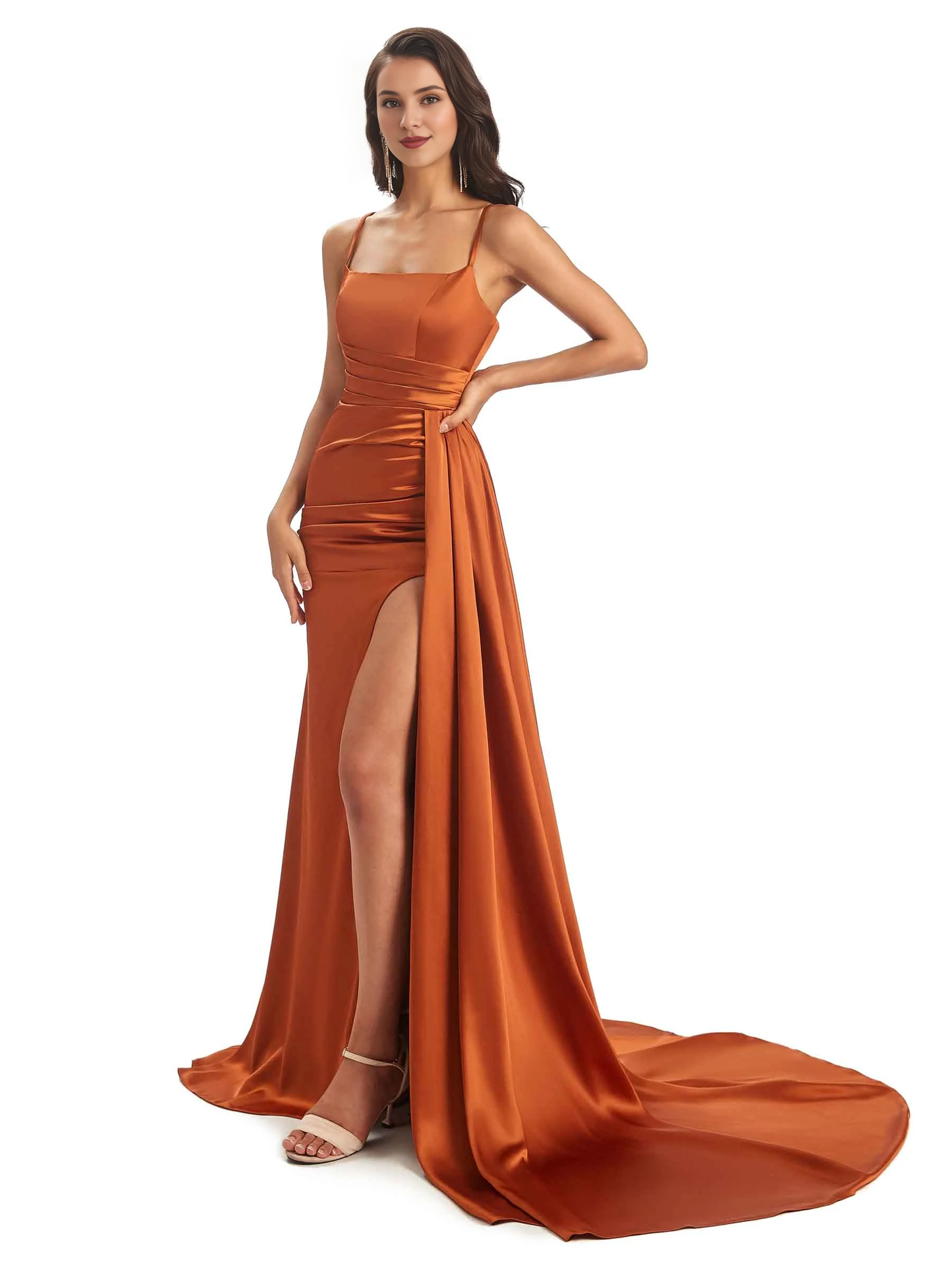 Sexy and soft satin side slit thin shoulder strap long fish tail bridesmaid dress