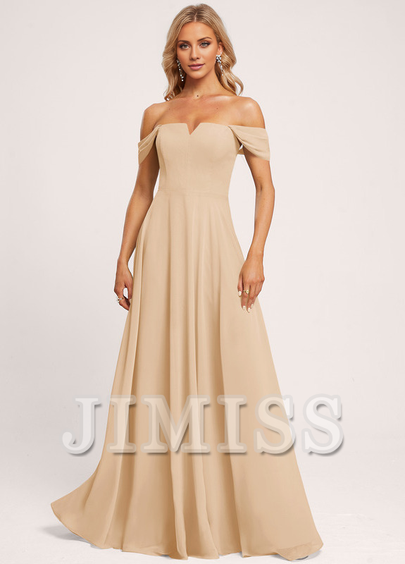 A-line off-the-shoulder square floor-length chiffon bridesmaid dress