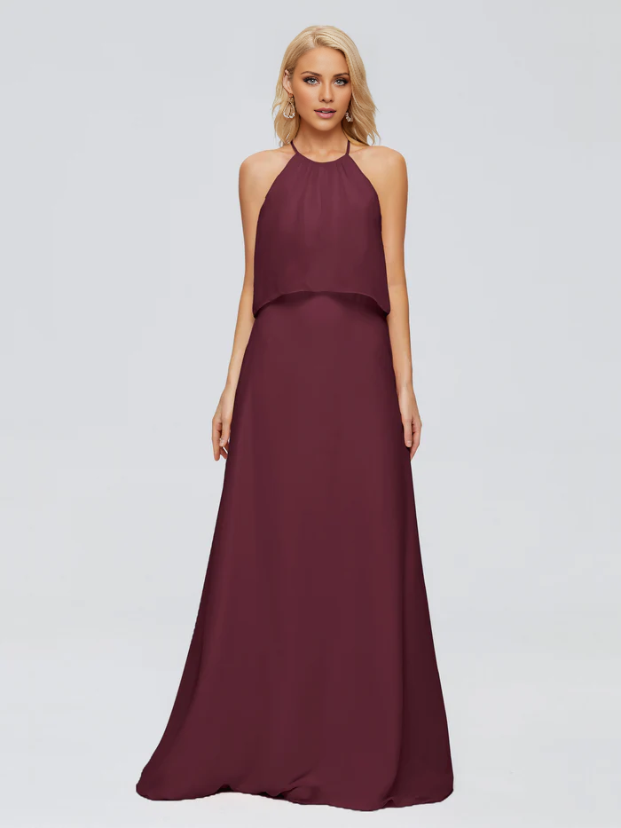 Post neck chiffon and floor length bridesmaid dress