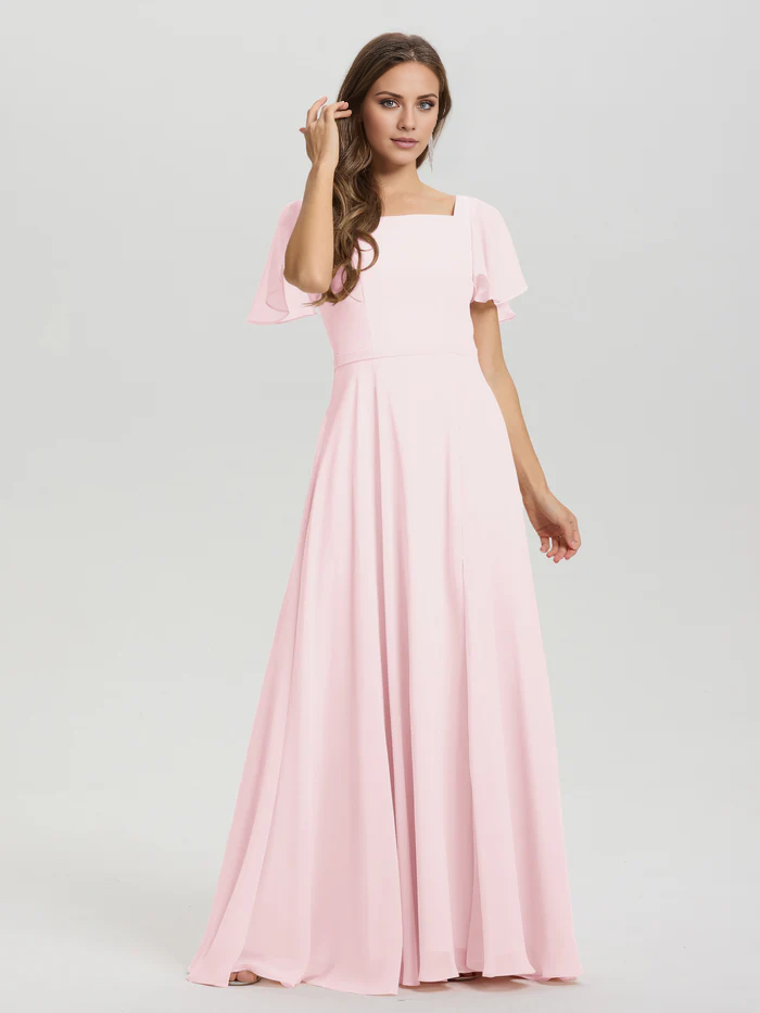 A-line square collar ruffled short sleeved and ground chiffon/ground length bridesmaid dress