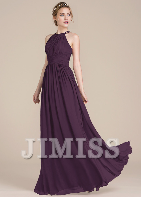 Lotus leaf A-line low round neck chiffon bridesmaid dress