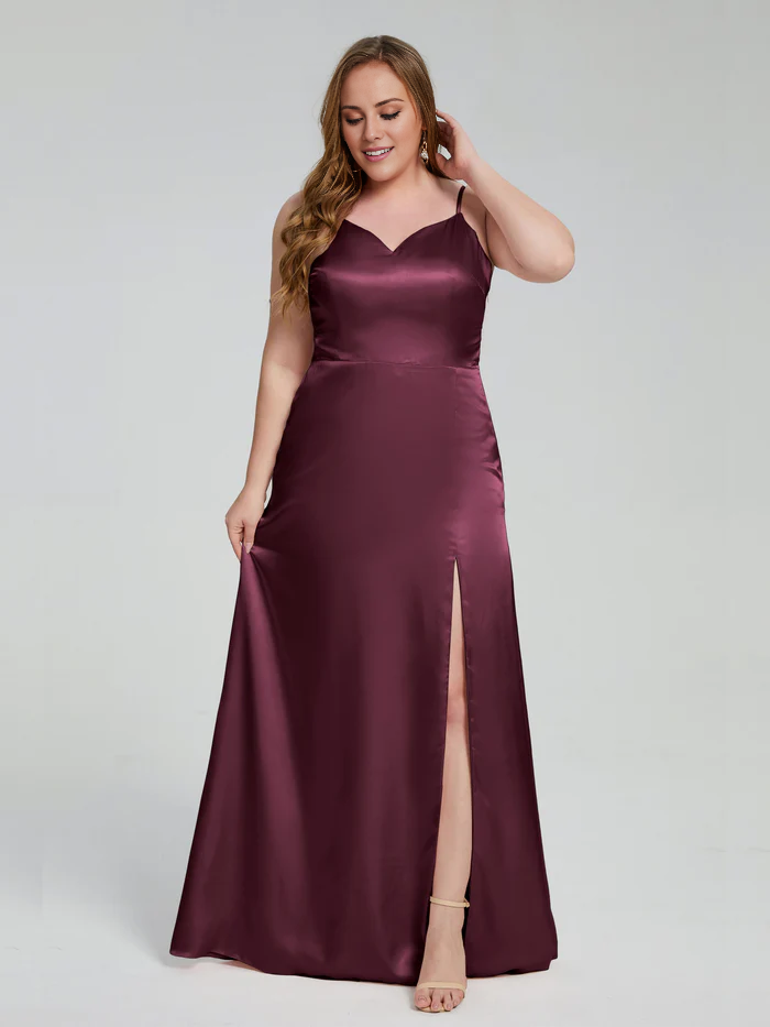 Split plus size soft satin and floor length bridesmaid dress