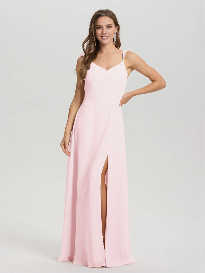 V-neck shoulder strap tied chiffon slit and floor length bridesmaid dress