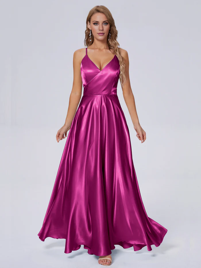 Elegant shoulder strap soft satin and floor length bridesmaid dress