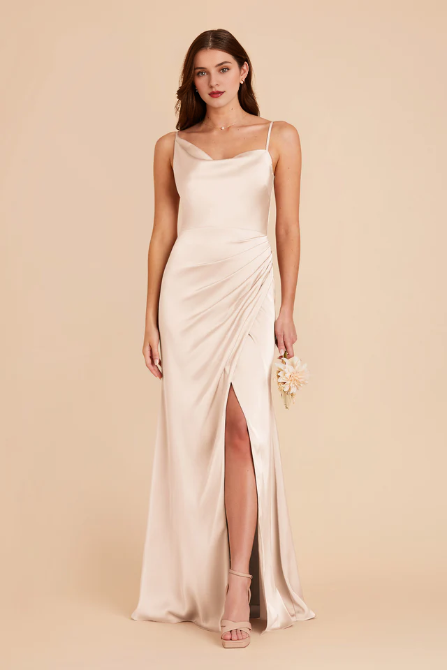 Asymmetric collar satin pillar wrapped slit bridesmaid dress