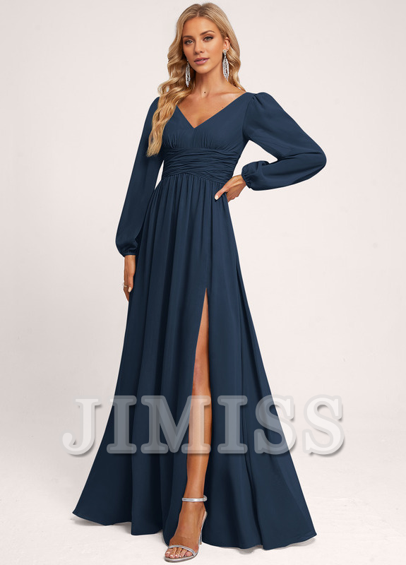 Ruffled A-line V-neck Floor-length Chiffon Bridesmaids Dress