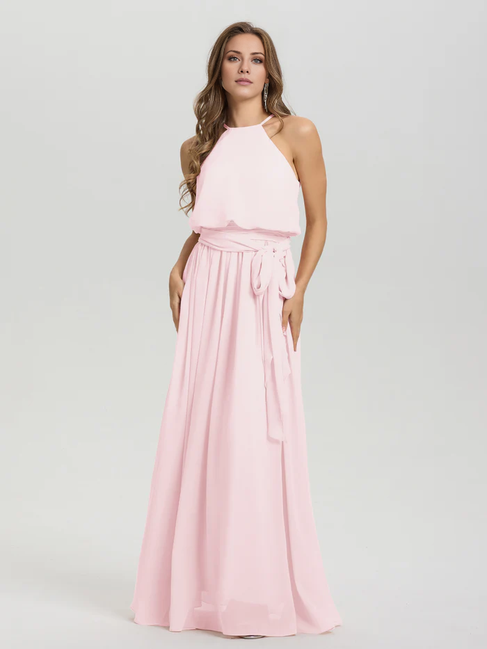 Hanging neck low round neck sleeveless chiffon and floor length Bridesmaid dresses