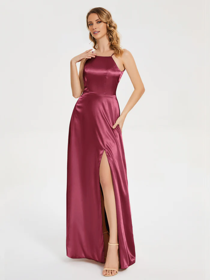 Thin shoulder strap slit backless soft satin and floor length bridesmaid dress
