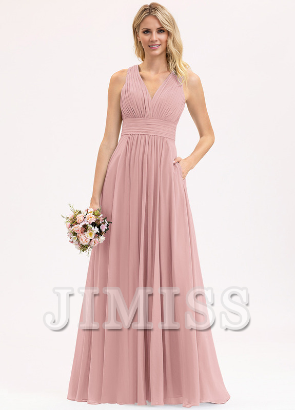 Bow Ruffle A-Line V-Neck Floor Length Chiffon Bridesmaids Dress