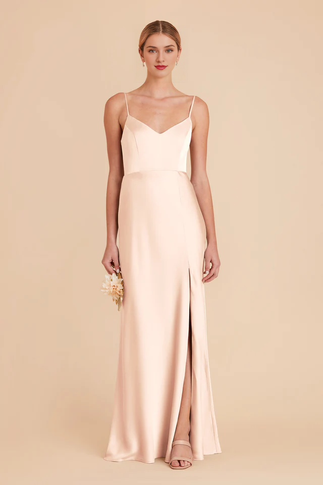 Thin shoulder strap V-neck satin full lining and floor length bridesmaid dress