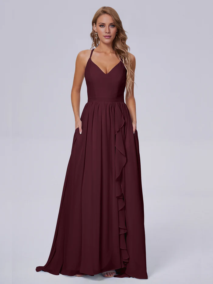 Elegant shoulder strap chiffon and floor length bridesmaid dress