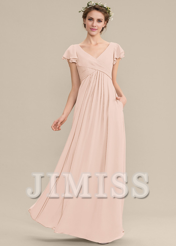 Tiered Ruffle A-Line V-Neck Floor-Length Chiffon Bridesmaids Dress