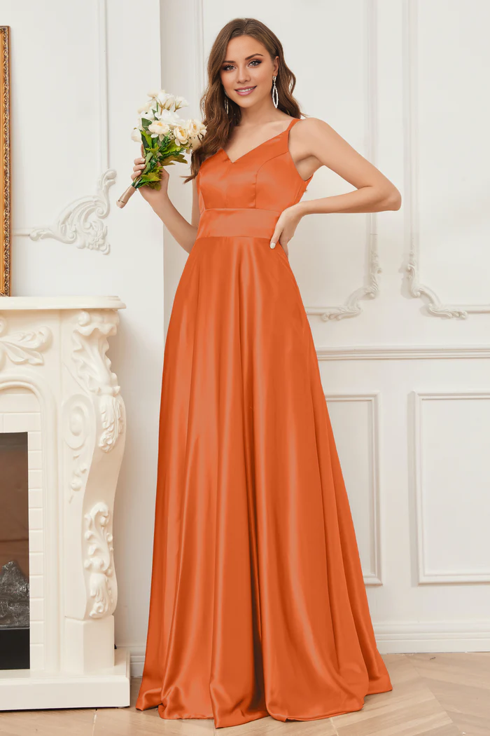 Thin shoulder strap V-neck soft satin and floor length bridesmaid dress