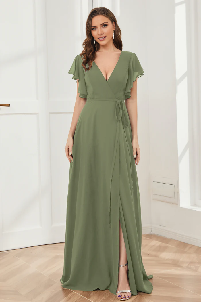 V-neck ruffled sleeve chiffon slit and floor length bridesmaid dress