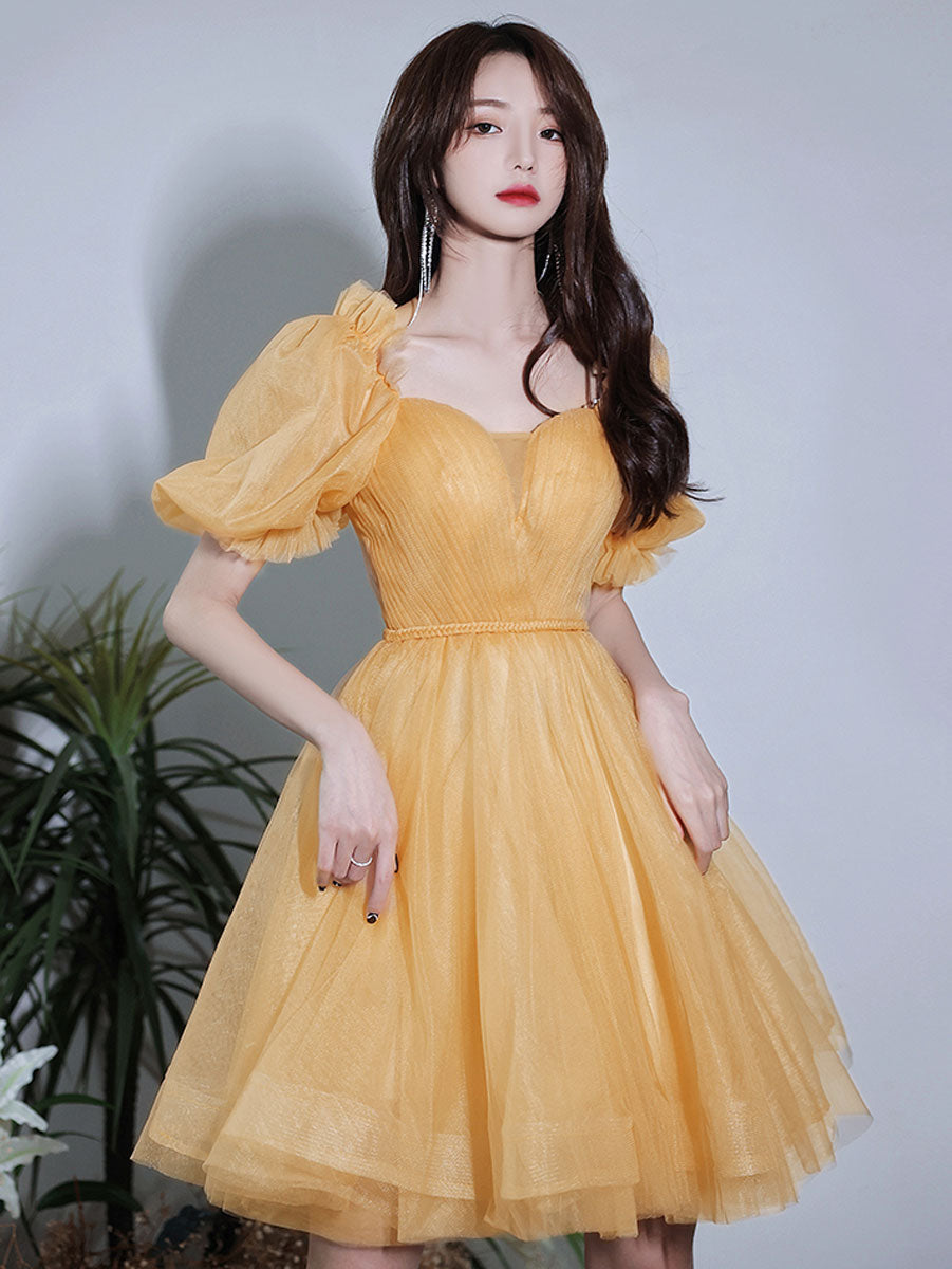 Yellow tulle short prom dress, yellow homecoming dress