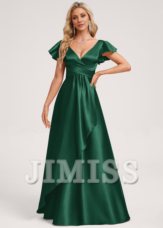 Ruffled A-line V-neck Floor-length Satin Bridesmaids Dress