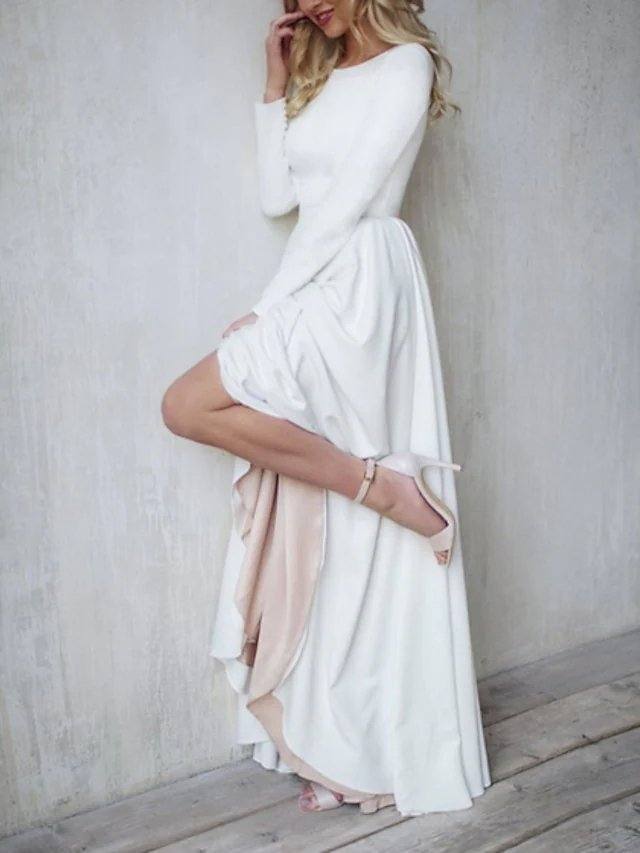 A-Line Minimalist Elegant Engagement Formal Evening Dress Jewel Neck Long Sleeve Floor Length Italy Satin with Pleats - RongMoon
