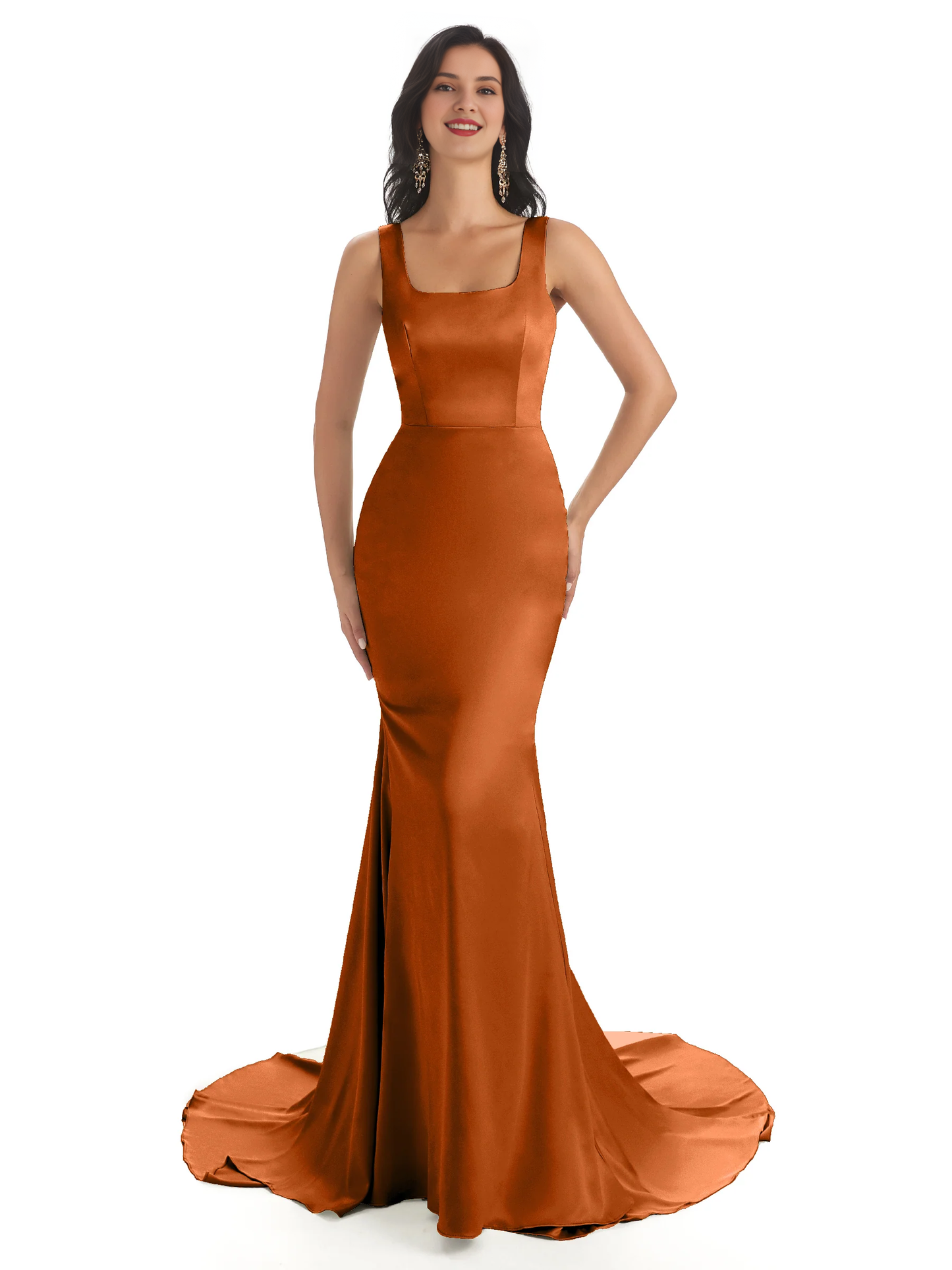 Soft satin unique square neck extra long fish tail bridesmaid dress