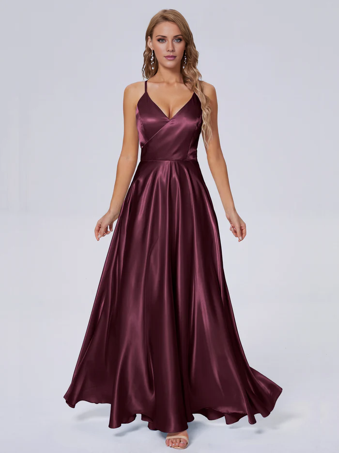 Elegant shoulder strap soft satin and floor length bridesmaid dress