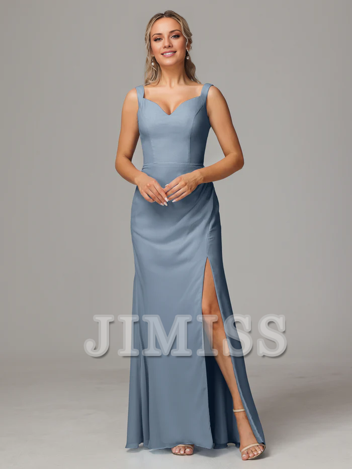 V-neck slit sleeveless off shoulder chiffon bridesmaid dress