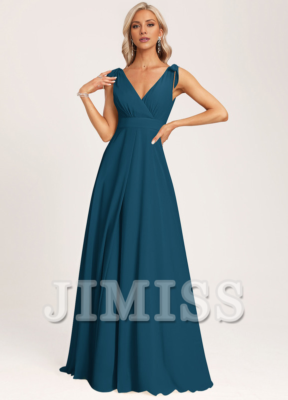 A-link V-neck and ground chiffon bow bridesmaid dress