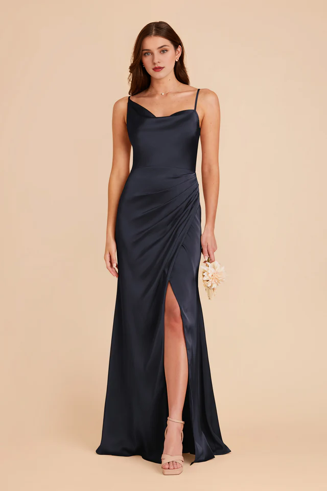 Asymmetric collar satin pillar wrapped slit bridesmaid dress