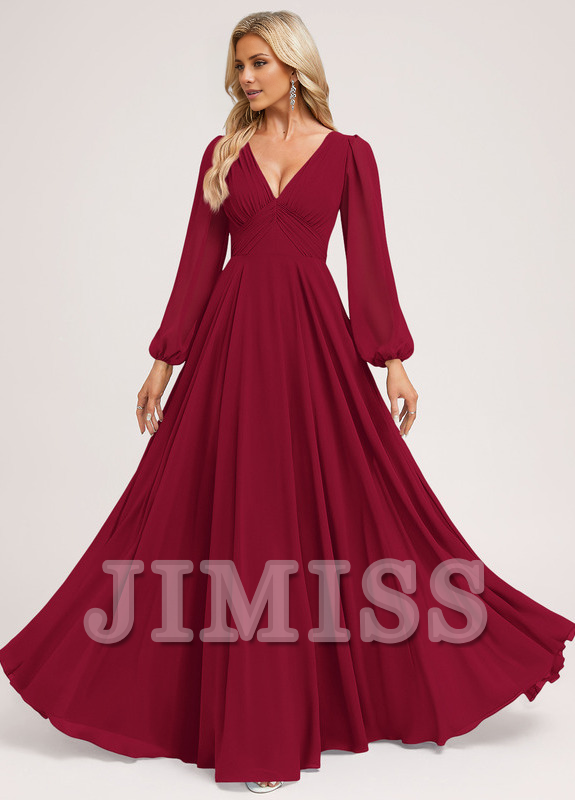 A-line V-neck floor-length chiffon bridesmaid dress