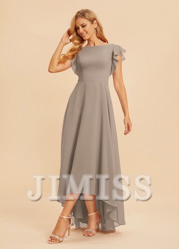 Ruffled A-line Scoop Asymmetric Chiffon Bridesmaids Dress