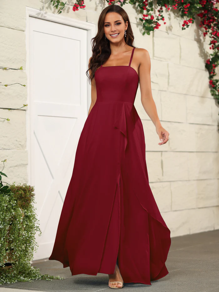 Beautiful chiffon thin shoulder strap and floor length bridesmaid dress