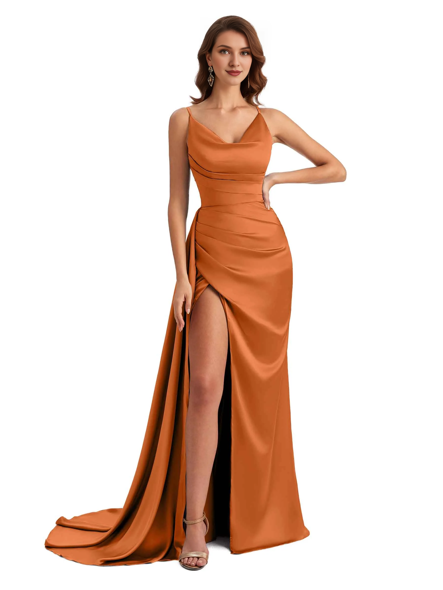Sexy fishtail side slit hanging neck V-neck soft satin ultra long bridesmaid dress