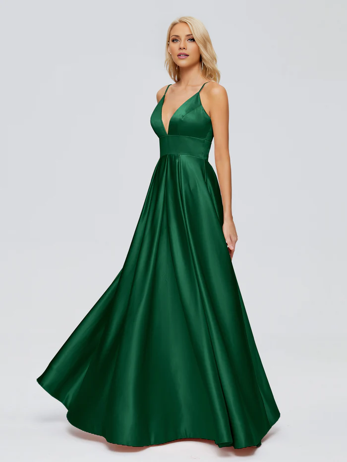 V-neck thin shoulder strap satin and floor length bridesmaid dress