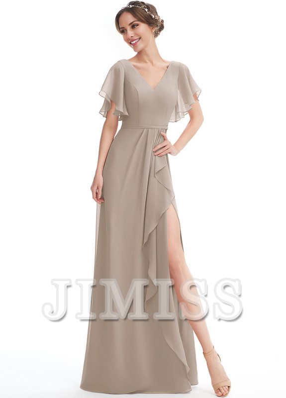 Ruffled A-line V-neck Floor-length Chiffon Bridesmaids Dress