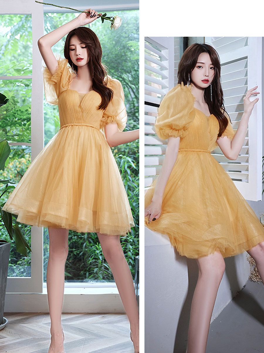 Yellow tulle short prom dress, yellow homecoming dress