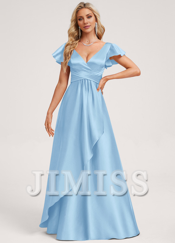 Ruffled A-line V-neck Floor-length Satin Bridesmaids Dress