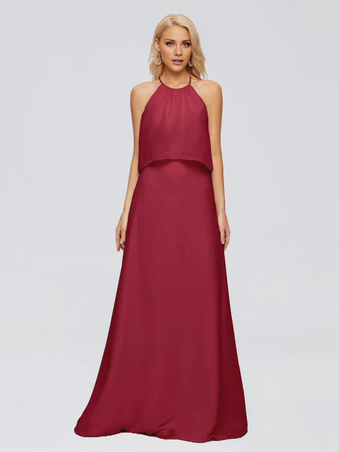Post neck chiffon and floor length bridesmaid dress