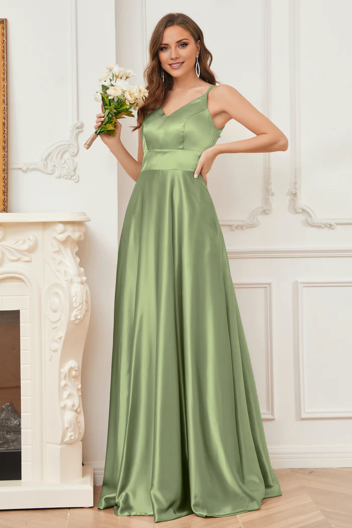 Thin shoulder strap V-neck soft satin and floor length bridesmaid dress