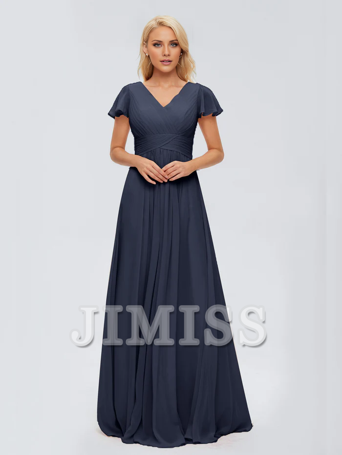 A-line V-neck chiffon side slit and floor length bridesmaid dress
