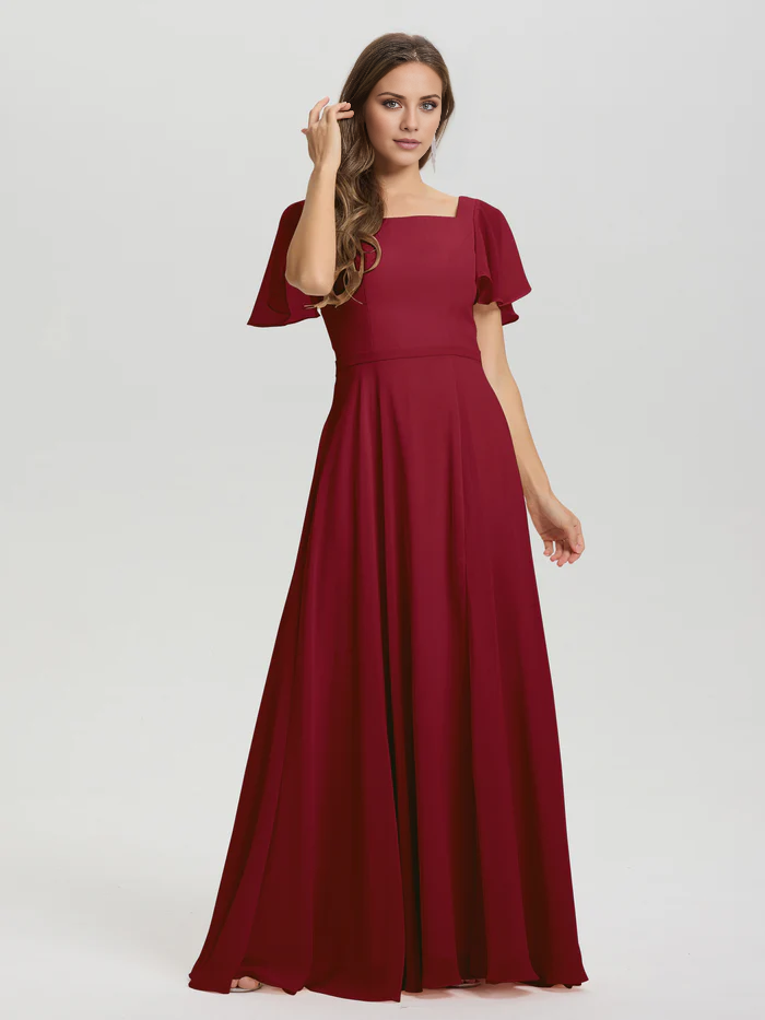 A-line square collar ruffled short sleeved and ground chiffon/ground length bridesmaid dress