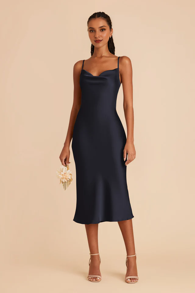 Fully lined pleated neckline mid length side zipper bridesmaid dress